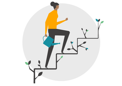 A person climbing a staircase made of leaves with a watering can in hand.