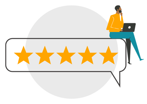 A speech bubble that has five stars in it, with a person sitting on the edge of the bubble, thinking, with a laptop in their lap.