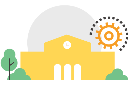 An institution surrounded by greenery, with a gear taking the place of a sun overlooking the institution.
