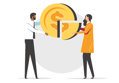 Two people, each holding a section of a large coin, coming together to put the two pieces together.