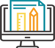 Icon of a piece of paper, ruler, and pencil on a computer screen.
