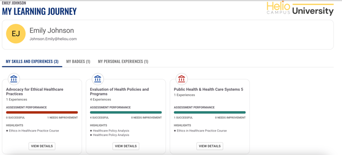 A screenshot of the Student Learning Journey in the HelioCampus Assessment platform, including badges, skill tracking, experiences, action items, and more.