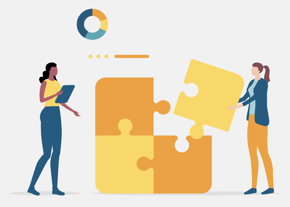 Graphic of two women who are working together to put together a huge, life-sized puzzle.