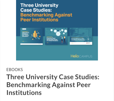 Cover for our eBook. Text says "Three University Case Studies: Benchmarking Against Peer Institutions."