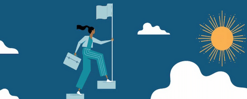 Illustration of girl walking up stairs in the sky with the HelioCampus sun in the distance