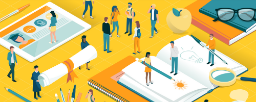 Illustration of students standing on oversized versions of books, tablets, diplomas, and more