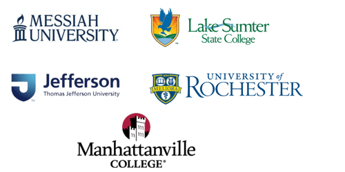 Logos for Messiah University, Lake-Sumter State College, Thomas Jefferson University, University of Rochester, and Manhattinville College.