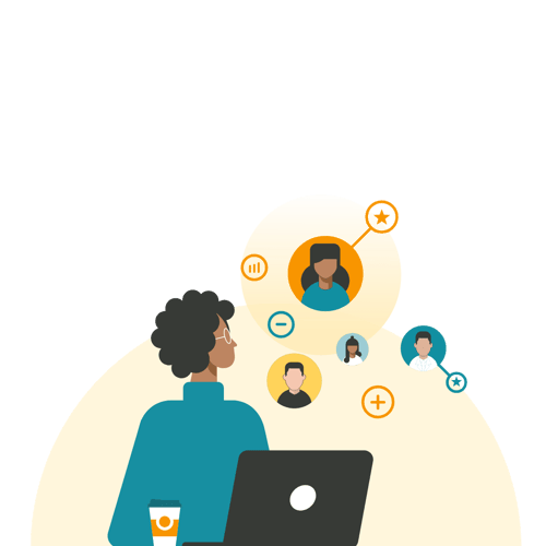 illustration of a woman working on a laptop while chatting with colleagues in bubbles illustration of a woman working on a laptop while chatting with colleagues in bubbles