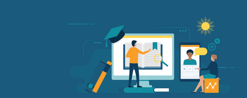 Illustration of two people reading and engaging with human-sized tablets and computer monitors. They're also surrounded by books, a grad cap, and more