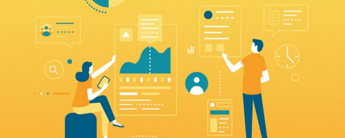 Illustration of two people observing numerous charts, graphs, and data floating in the air.