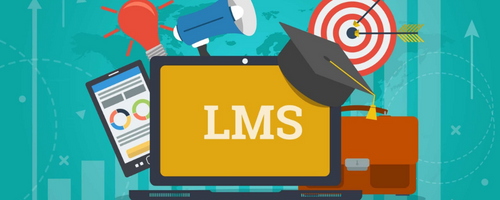 Illustration of a computer showcasing an LMS surrounded by a grad cap, briefcase, megaphone, tablet, and other various items.