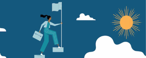 Illustration of a person climbing stairs in the sky with the HelioCampus sun in the distance