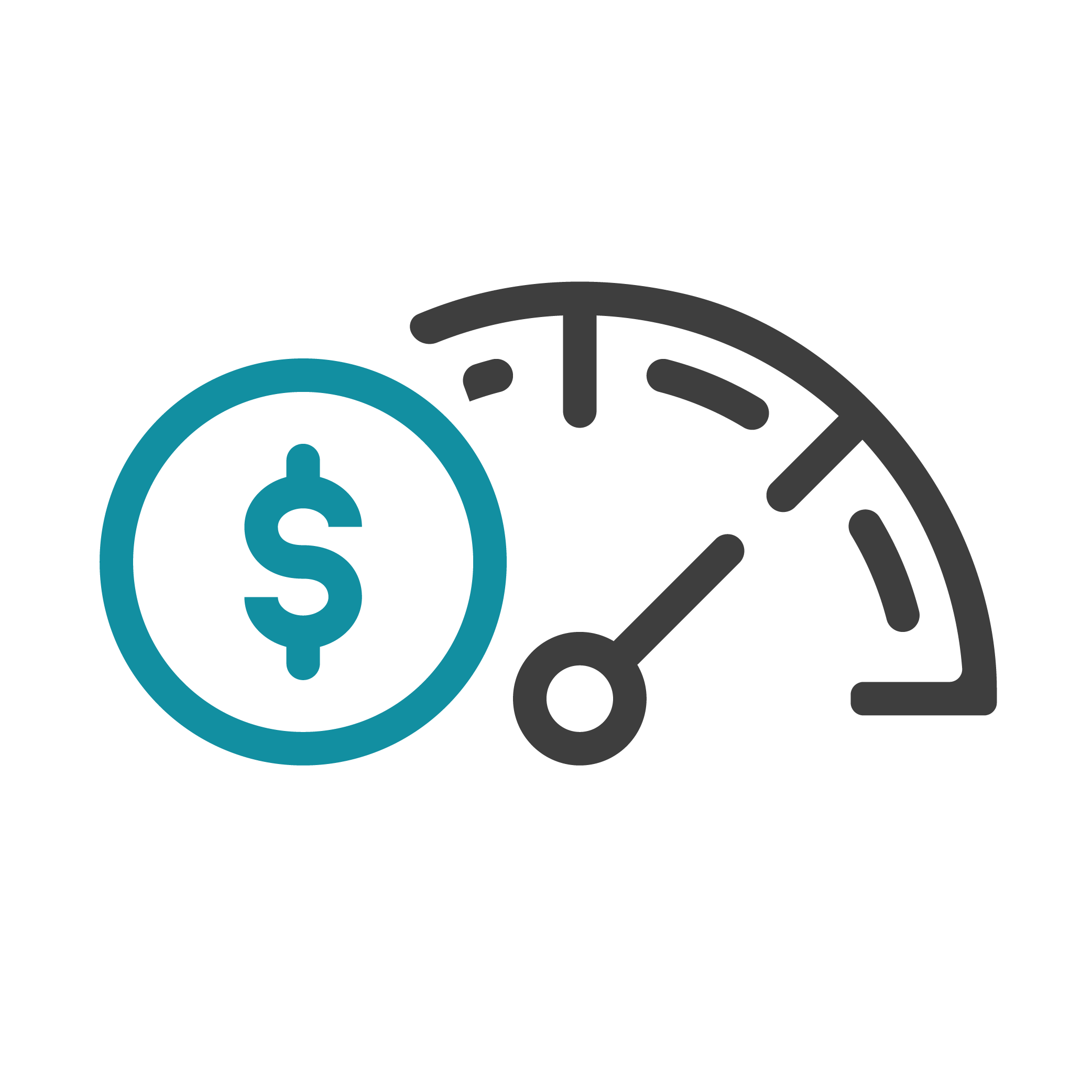 An illustration of a teal circular dollar sign icon paired with a grey speedometer-style gauge indicator pointing to the right.