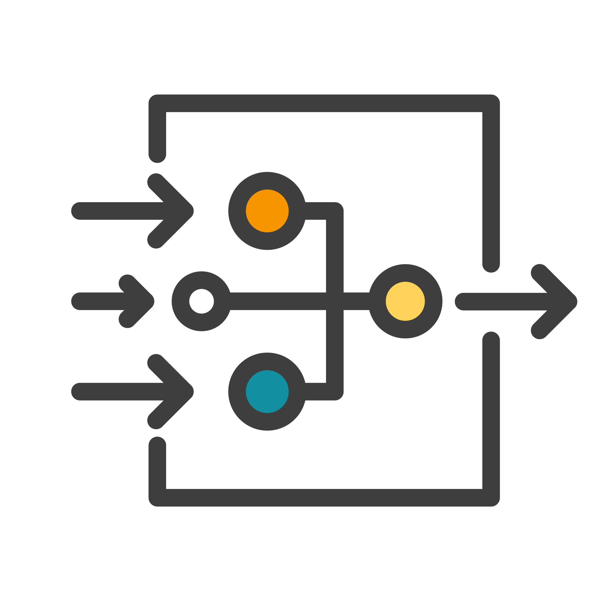 An illustration of three grey arrows pointing into a square box that merges data nodes into a single grey arrow pointing out the right side.