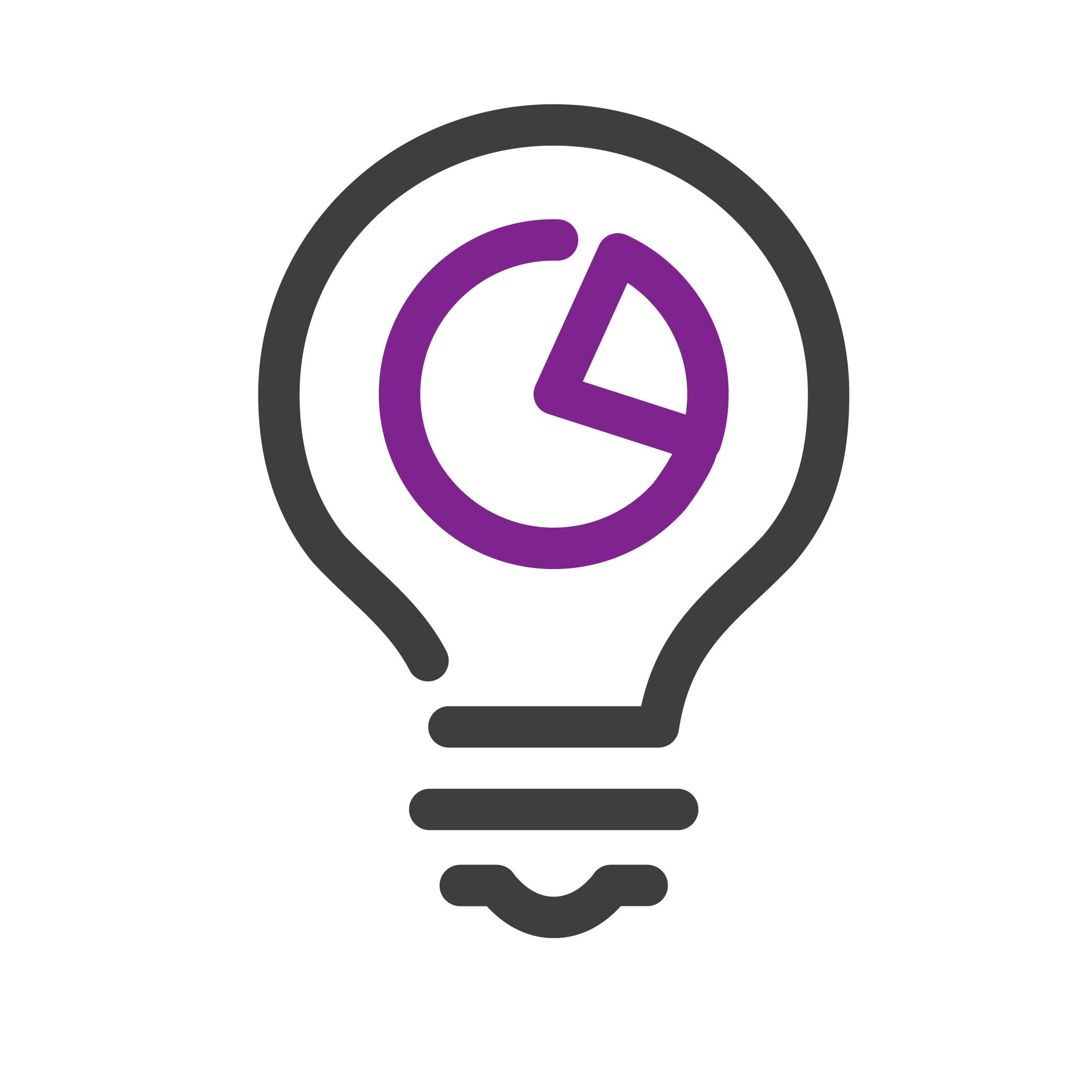 An illustration of a grey lightbulb outline containing a purple pie chart icon centered inside the bulb.