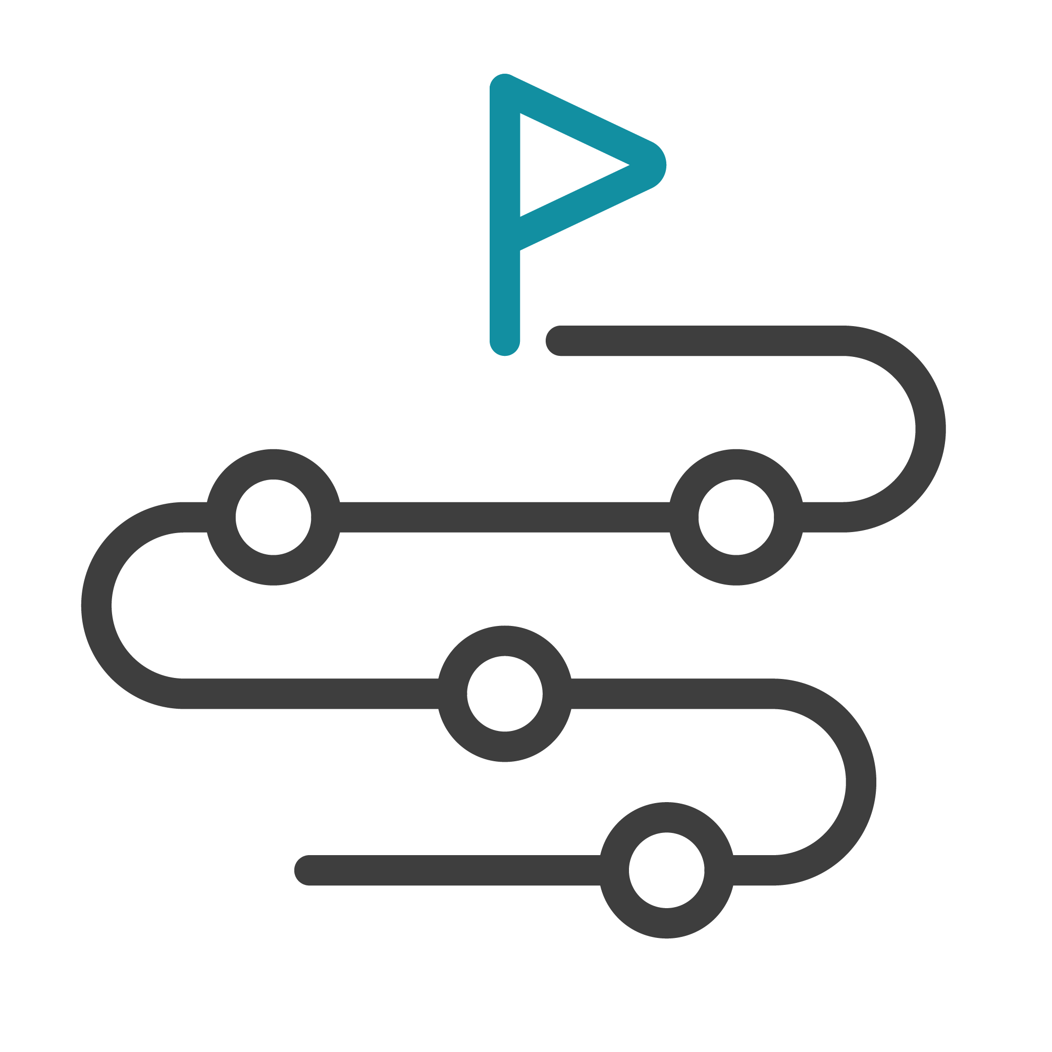 An illustration of a winding grey roadmap with circular milestone nodes leading toward a teal destination flag at the top.